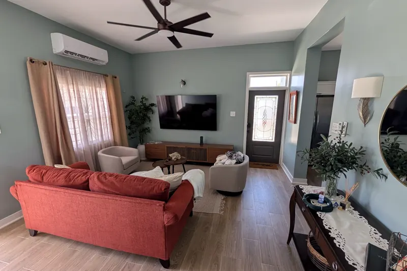 Living room with the TV wall and front door