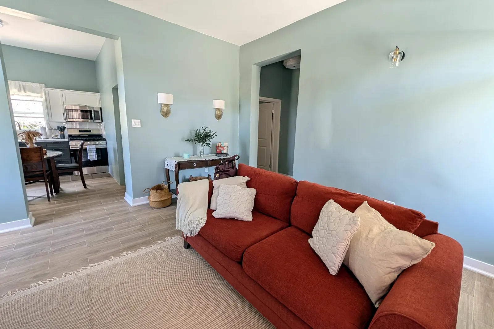 The sofa and the view through to the kitchen