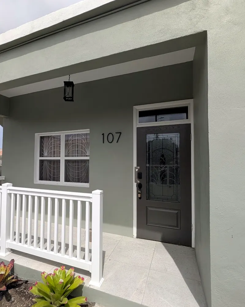The front porch and door of number 107